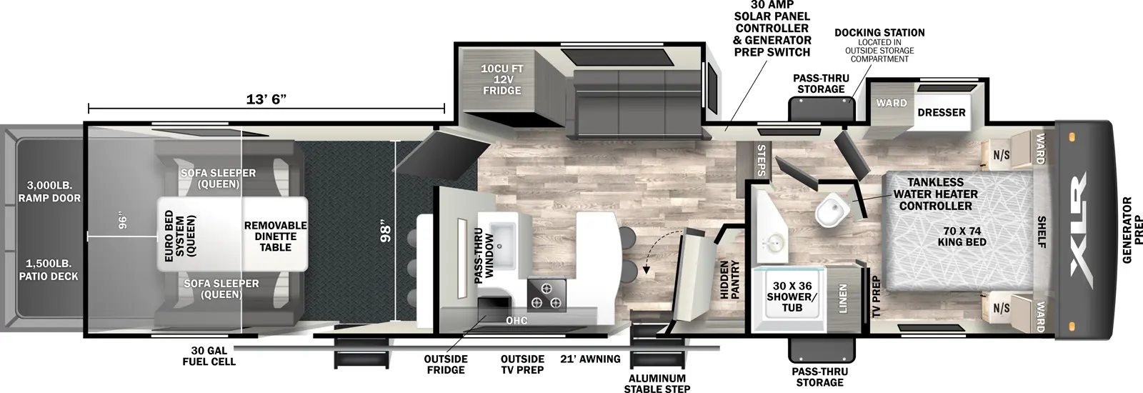 The 363B has two slideouts, two entries, and a rear ramp door. Exterior features front generator prep, pass-through storage with docking station, aluminum stable step entry, 21 foot awning, outside TV prep, outside refrigerator, and 30 gallon fuel cell. Interior layout front to back: foot-facing king bed with shelf and wardrobes with night stands on each side, door side TV prep, and off-door side slideout with dresser and wardrobe; door side full pass-through bathroom with linen closet; off-door side steps down to main living area and 30 amp solar panel controller and generator prep switch; off-door side slideout with sofa and 12 volt refrigerator; door side hidden pantry, entry, peninsula kitchen counter with stools wrap to door side with overhead cabinet, cooktop, and continues to wrap to inner wall with sink, and pass-thru window to rear garage bar top with stools; rear garage with second entry and rear opposing sofa sleepers with removable dinette table and euro queen bed bed system above. Garage dimensions: 96 inch rear ramp door entry with 3,000 lb ramp door and 1,500 lb patio deck; 13 foot 6 inch from rear to living room wall; 98 inches from side to side.